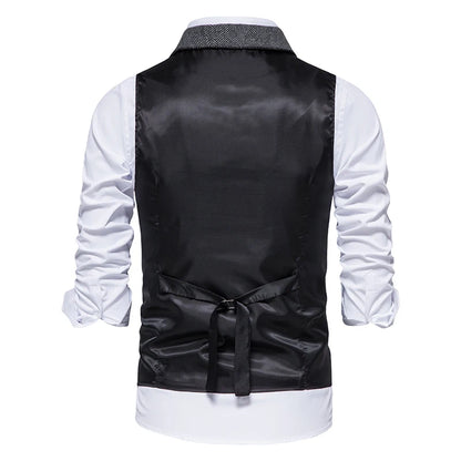 New Men's Retro Lapel Vest Herringbone Coarse Tweed Pockets Suit Vest British Casual Vintage Gentleman Leisure Party Bar Banquet