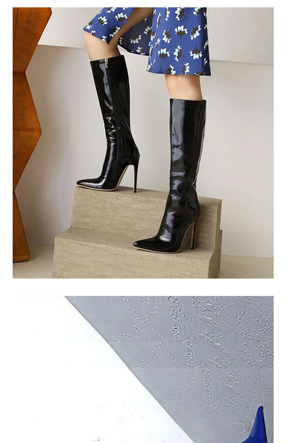 Arden Furtado Patent Leather Skinny boots Pointed toe Side zipper Super high heel Knee high boots Extra large size boots