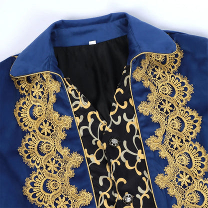 2025 New Blue Lace Tuxedo for Men, Euro- American Medieval Vintage Men's Tailcoat Jacket,medium Length Punk Performance Costume