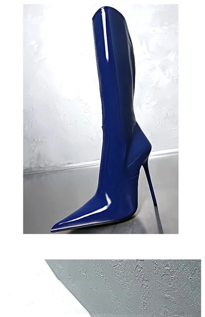 Arden Furtado Patent Leather Skinny boots Pointed toe Side zipper Super high heel Knee high boots Extra large size boots
