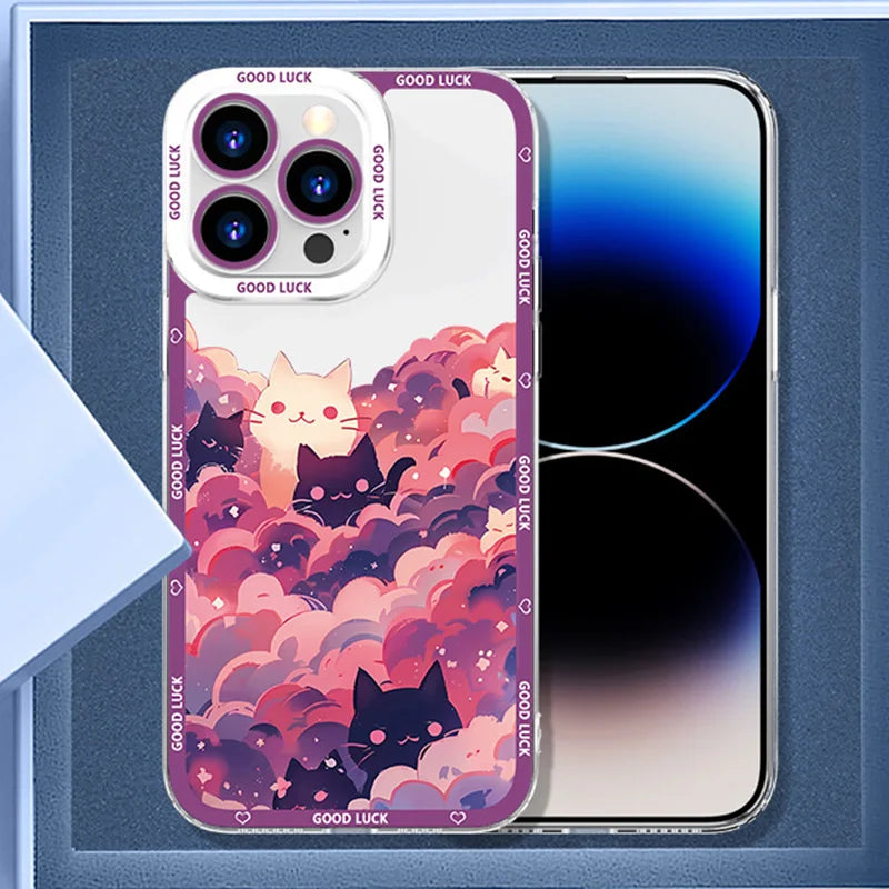 Starry Sky Black Cats Clear Phone Case For iPhone 15 14 13 11 12 16 Pro XS Max Mini XR X SE 7 8 Plus Transparent Cover Fundas