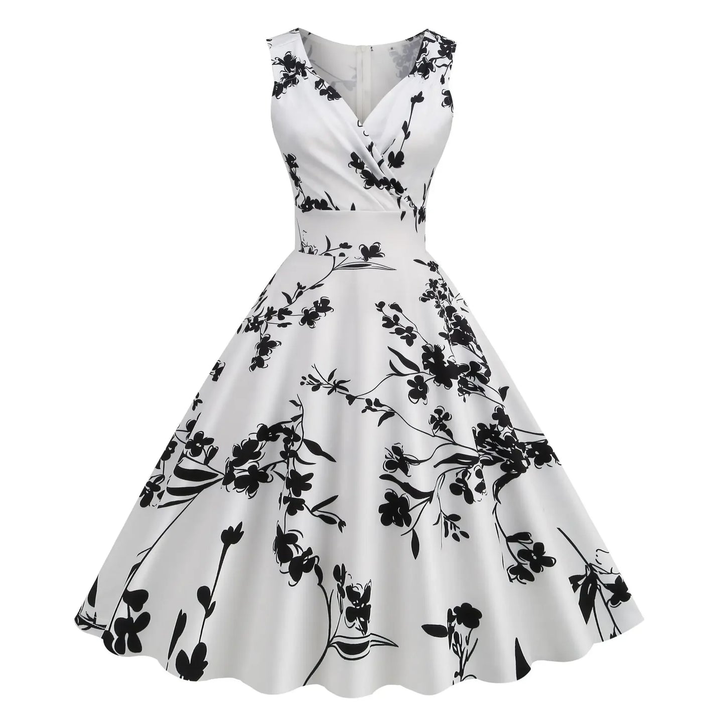 Floral Print 1950s 60s Vintage Women Dress Elegant Summer Robe Ladies Sleeveless V Neck A Line Swing Rockabilly Dresses 2025