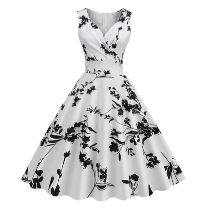 Floral Print 1950s 60s Vintage Women Dress Elegant Summer Robe Ladies Sleeveless V Neck A Line Swing Rockabilly Dresses 2025