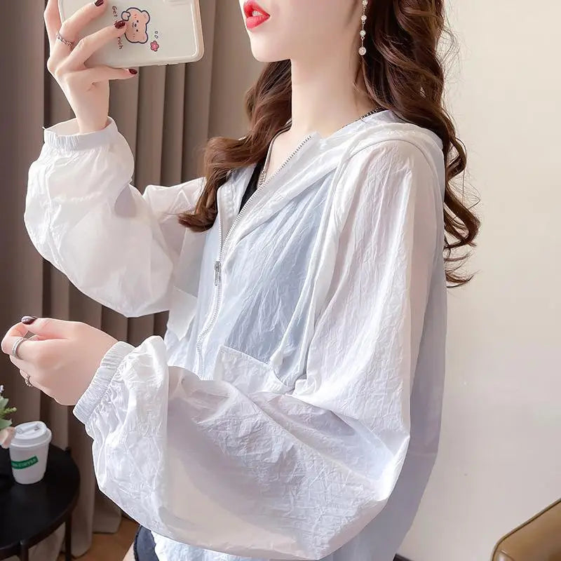 （Summer4）Women Sun Protection Clothing UV Protection Summer Loose Fit Hooded Zippered Thin And Casual
