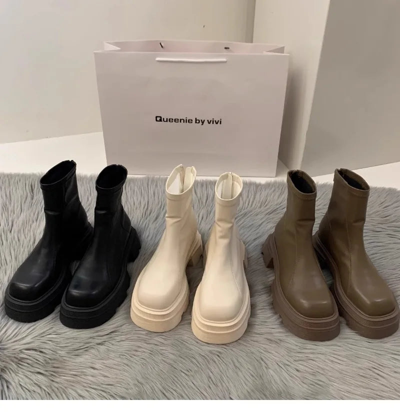 2024New Women's Boots Fashion Leather Casual Boots Luxury Brand Chelsea Ankle Boots for Women Outdoor Platform Boot Botas Mujer