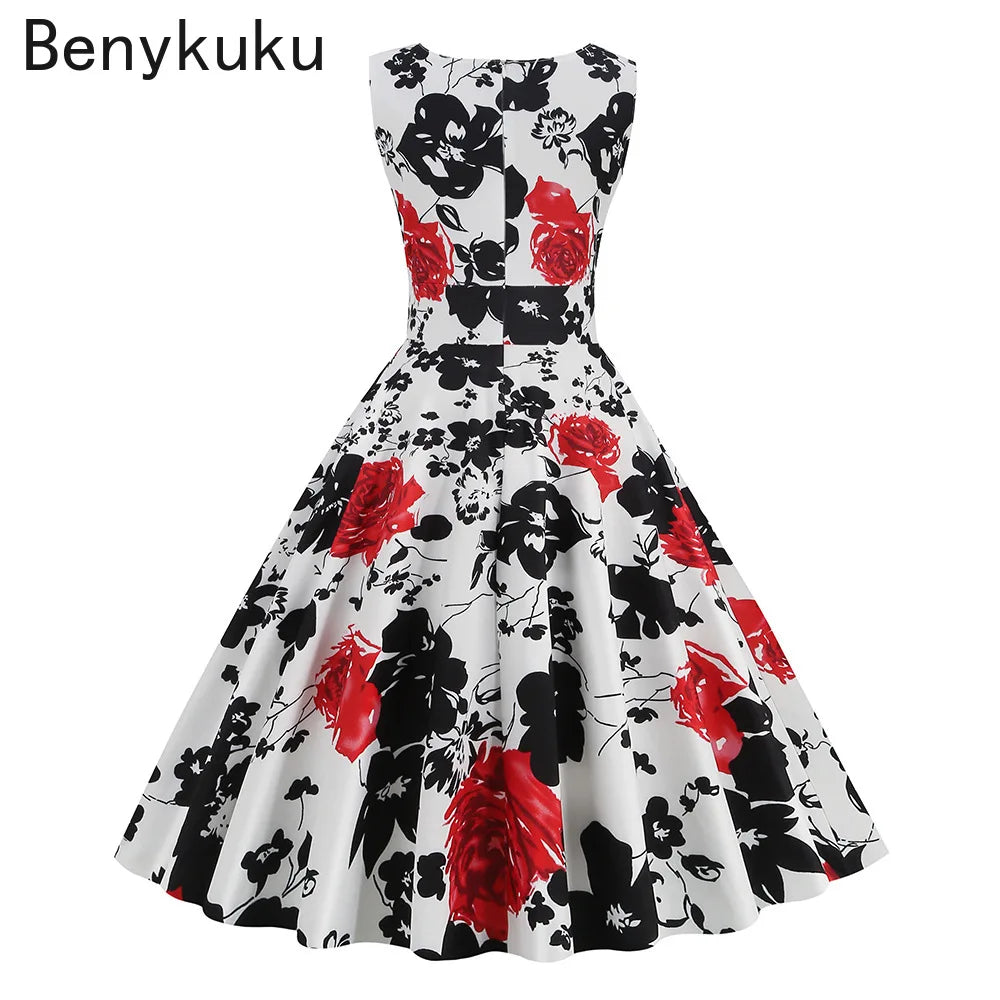 Floral Print 1950s 60s Vintage Women Dress Elegant Summer Robe Ladies Sleeveless V Neck A Line Swing Rockabilly Dresses 2025