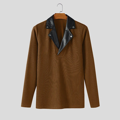 INCERUN Men Pullovers Patchwork Lapel Long Sleeve Knitted Male Sweaters Streetwear Spring Fashion Casual Thin Tops Men S-5XL