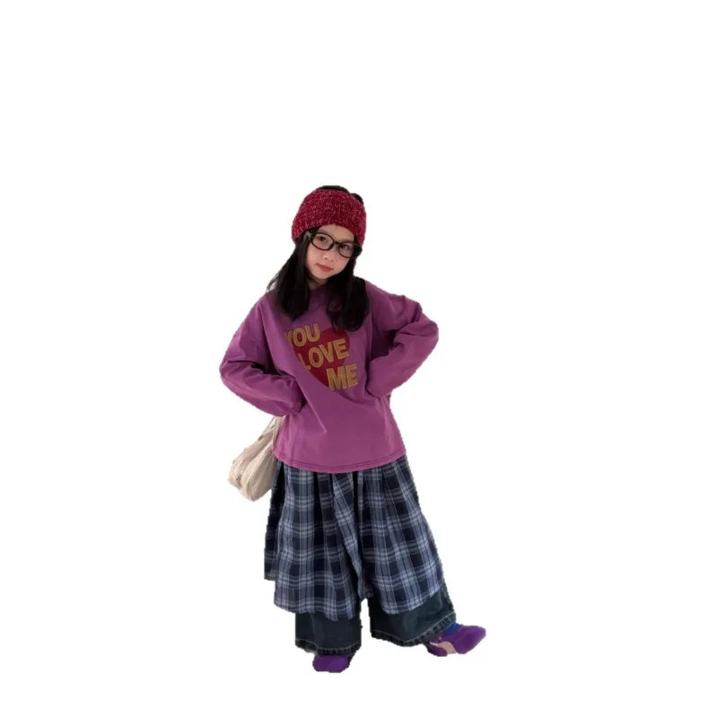 Children's Hoodie 2025 Autumn Girls' Korean Version Long Sleeved Letter Inner with Children's Round Neck Casual Loose Top
