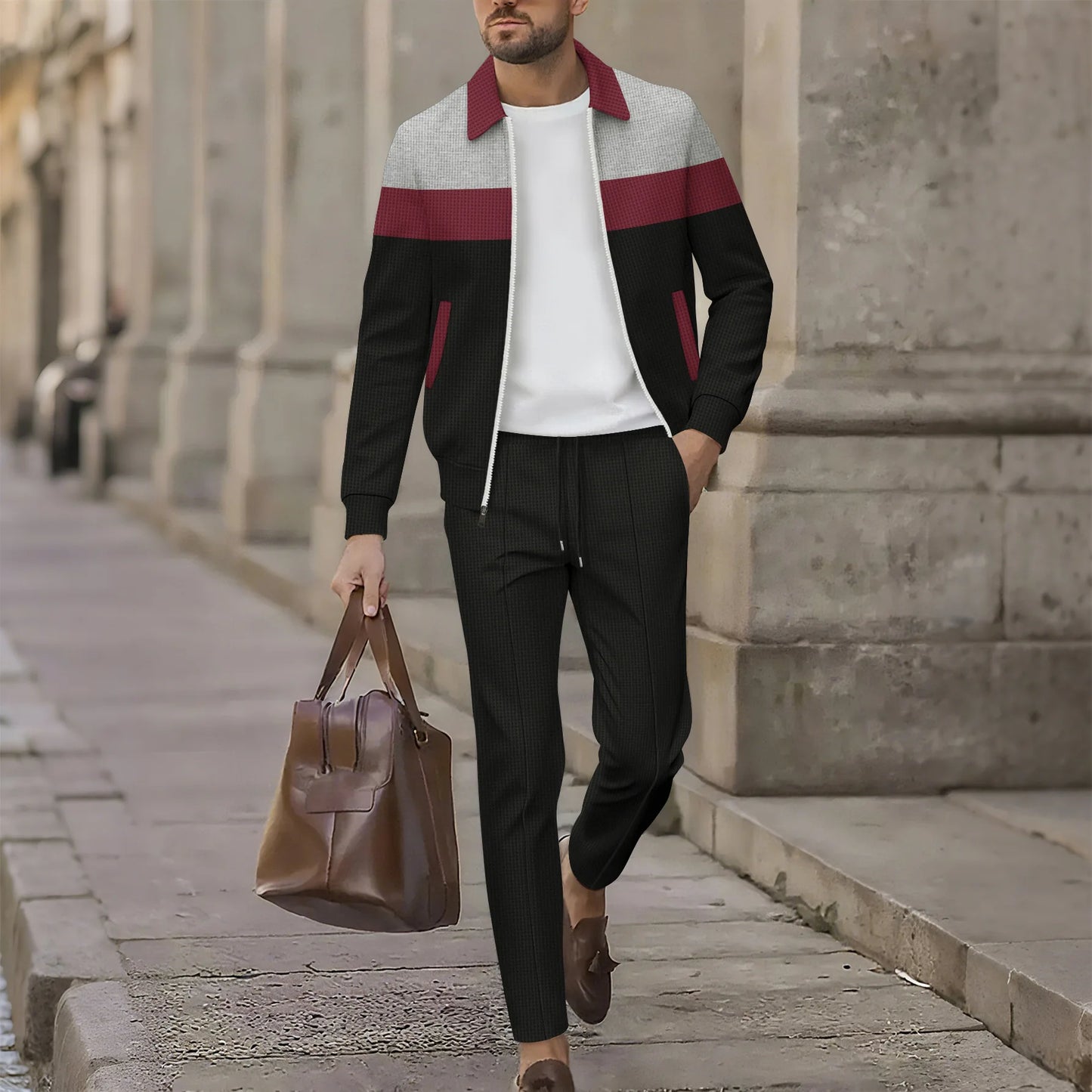 Spring/Autumn Men's Casual Sport Jacket Set - High-Quality Multi-Color Zippered Pockets, Collarless, Slim-Fitting Cardigan