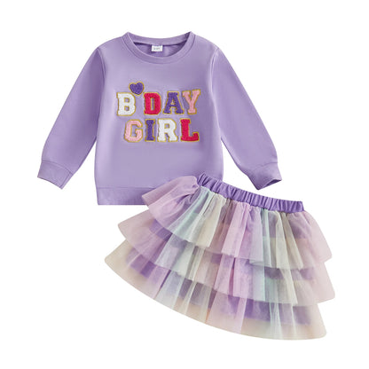 Citgeett Autumn Kids Toddler Girl Birthday Outfit Heart Letter Embroidered Long Sleeve Sweatshirt Contrast Tulle Skirt Set