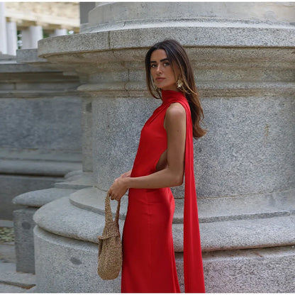 Ribbon Satin Long Party Dress Women Elegant Solid Sleeveless Female Backless Dresses 2026 Summer Autumn Lady Evening Club Gowns