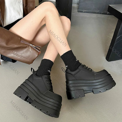 Women Platfrom Pumps Shoes Black Lace-up Leather Female British Style Spring Autumn New Heightening High Heels Mary Jane Loafers