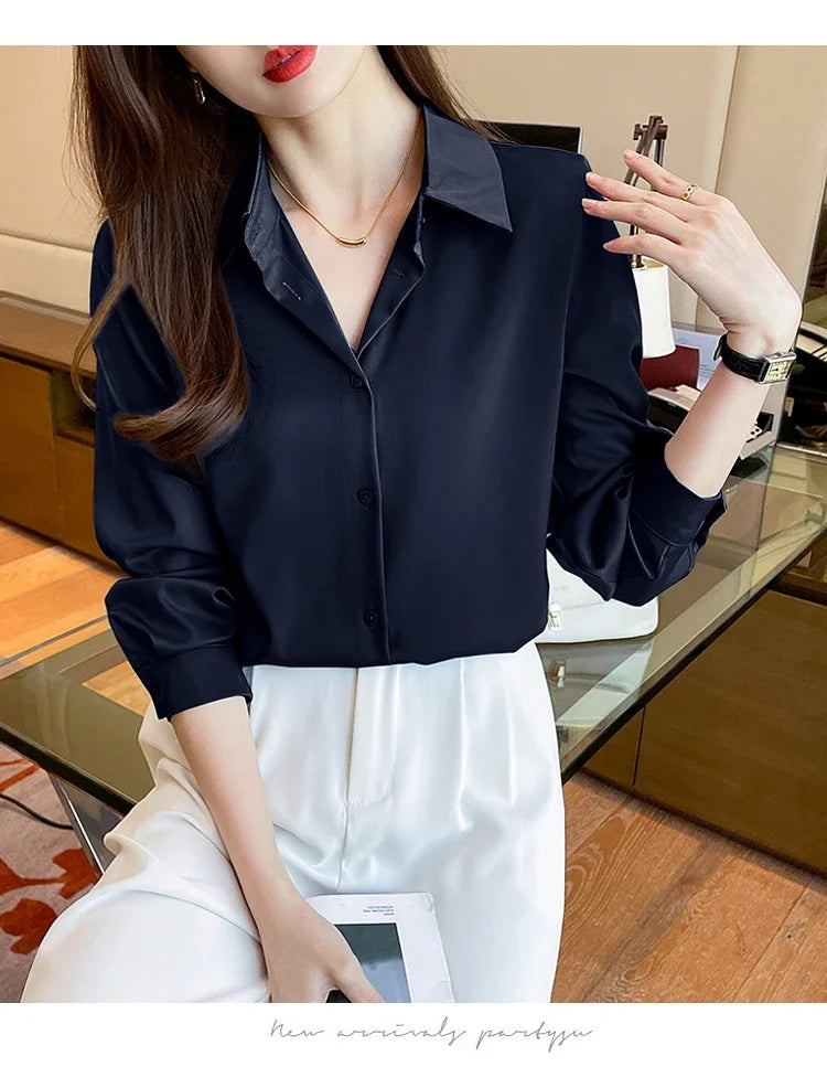 Fashion elegant satin shirts solid color ladies shirts causal Women's Blouses Spring Long Sleeve Shirts Tops Blusas Mujer