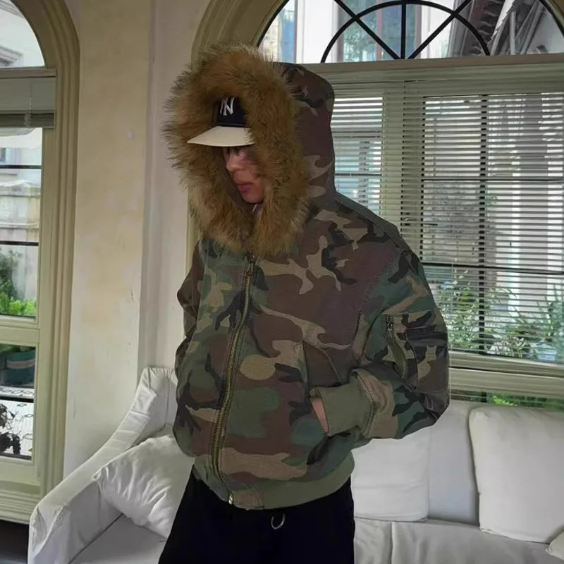 PFHQ Hooded Collar Camouflage Men's Cotton Jacket American Style Reversible Thickened Faux Rabbit Fur Coats Winter New 21P1794
