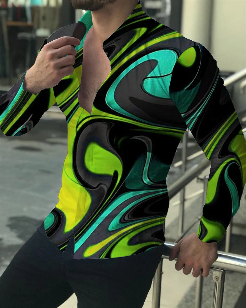 2023 latest men's prom fashion luxury social men's lapel single breasted cardigan shirt casual printing long-sleeved shirt