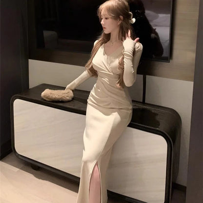 Spring Winter Lady Fashion Designer V-neck Slim Fit Long Sleeves Dress Girls Korean Version Solid Waist Cinching Wrap Hip Skirt