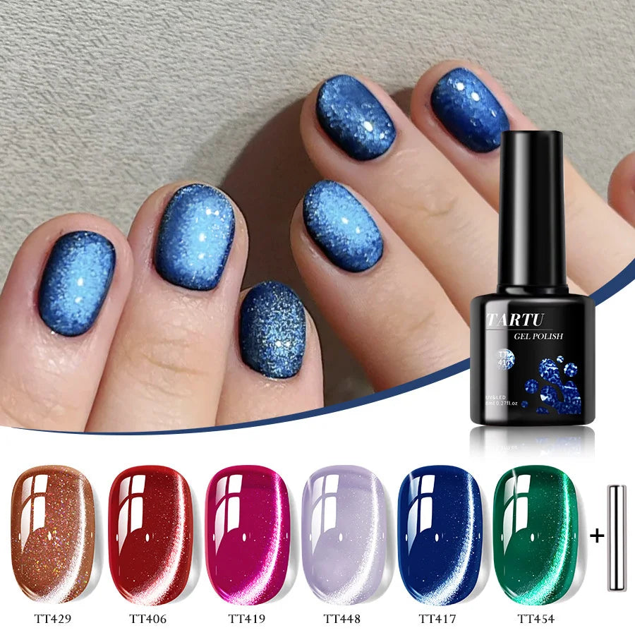 TARTU 6pcs 8ml Nude Pink Red Blue Green Brown Black Cat Eye Nail Gel Set, 6 Colors Semi-permanent Gel Polish Kit, Soak Off Uñas