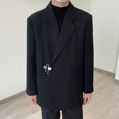 2026 Men's Korean Style Spring Casual Suit Jacekt Metal Buckle Male Loose  Male Solid Color Blazers Harajuku Long Sleeve Coats