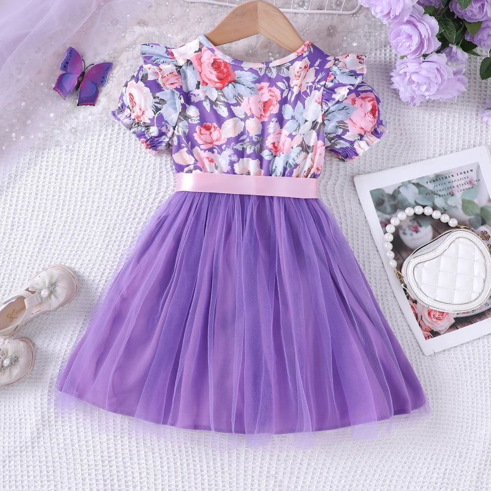 New girls' summer style bubble sleeve flower printed mesh dress