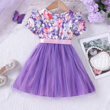 New girls' summer style bubble sleeve flower printed mesh dress