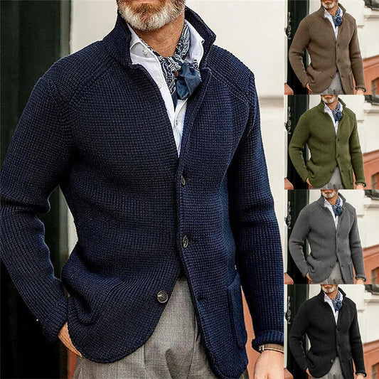 New 2025 Men Stand Collar Knitted Coat Long Sleeve Sweater Cardigan Jacket Solid Thick Warm Knitwear Casual Sweatercoat Blazer