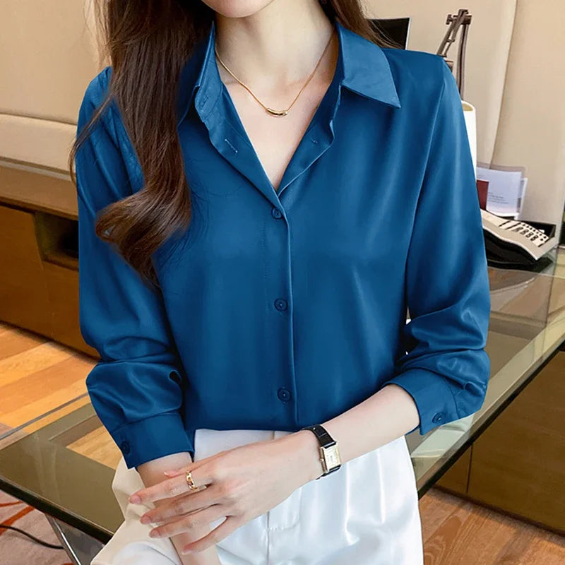 Fashion elegant satin shirts solid color ladies shirts causal Women's Blouses Spring Long Sleeve Shirts Tops Blusas Mujer