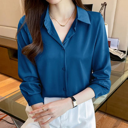 Fashion elegant satin shirts solid color ladies shirts causal Women's Blouses Spring Long Sleeve Shirts Tops Blusas Mujer