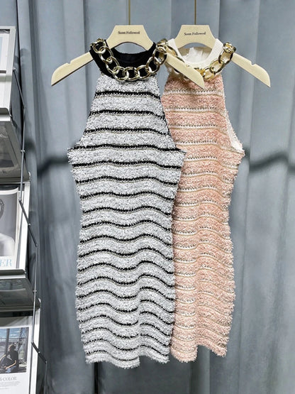 HIGH STREET Newest 2026 Designer Fashion Halter Neck Metal Chain Sleeveless Knit Striped Dress