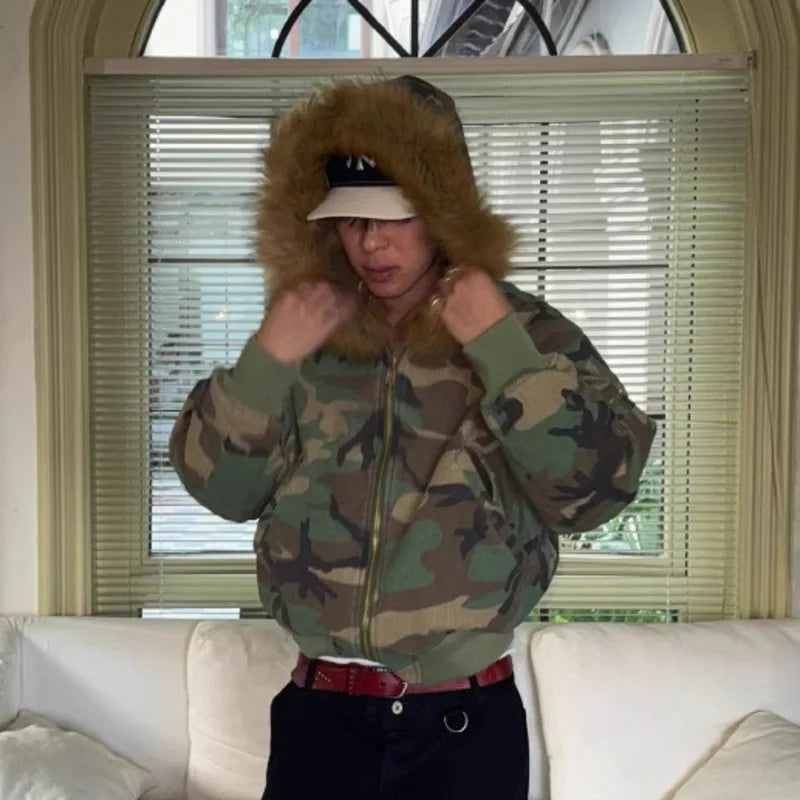 PFHQ Hooded Collar Camouflage Men's Cotton Jacket American Style Reversible Thickened Faux Rabbit Fur Coats Winter New 21P1794