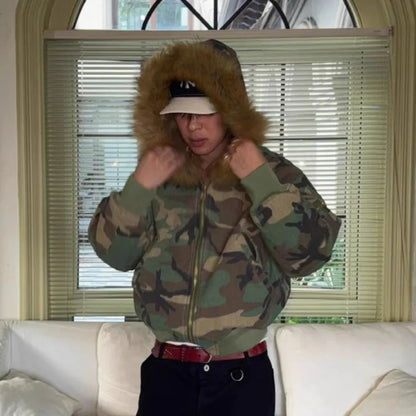 PFHQ Hooded Collar Camouflage Men's Cotton Jacket American Style Reversible Thickened Faux Rabbit Fur Coats Winter New 21P1794