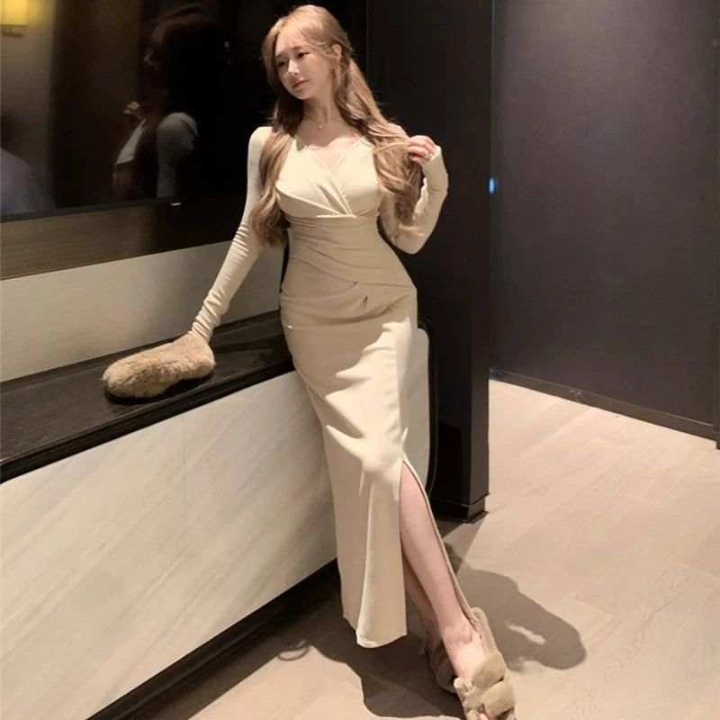 Spring Winter Lady Fashion Designer V-neck Slim Fit Long Sleeves Dress Girls Korean Version Solid Waist Cinching Wrap Hip Skirt