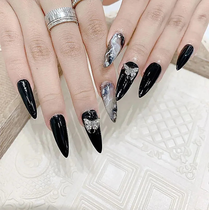 24Pcs Long Almond Nails Set Press on Black Red Gilding Fake Nails Golden Print Detachable Artificial Full Cover False Nails Tips