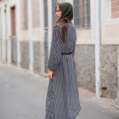 Spring Autumn New Dress Vintage Elegant Black And White Printed V Neck Slim Dresses Fashion Gather Together Slim Long Vestidos