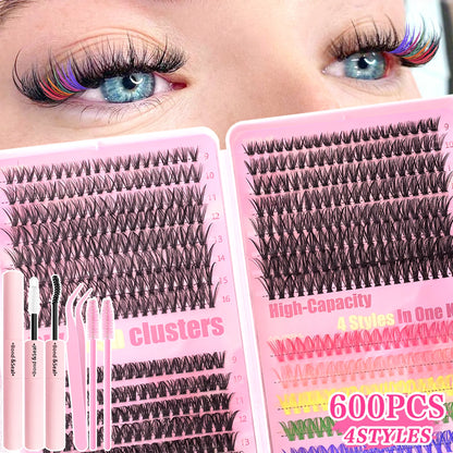 [Personal Eyelash] 240/390/600 Cluster Color Mixed Eyelash Extension Kit Makeup Beginner False Eyelash