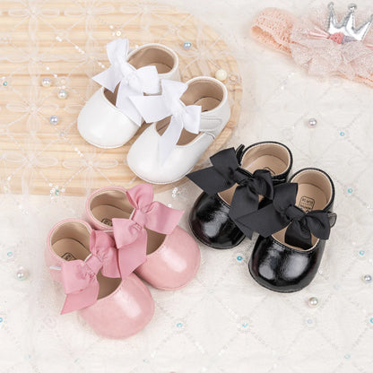 Fashion Baby Girl Casual Leather Shoes Exquisite Lace Bowknot Solid Color Princess Wedding Walking Shoes Soft Non-slip Flat Sole
