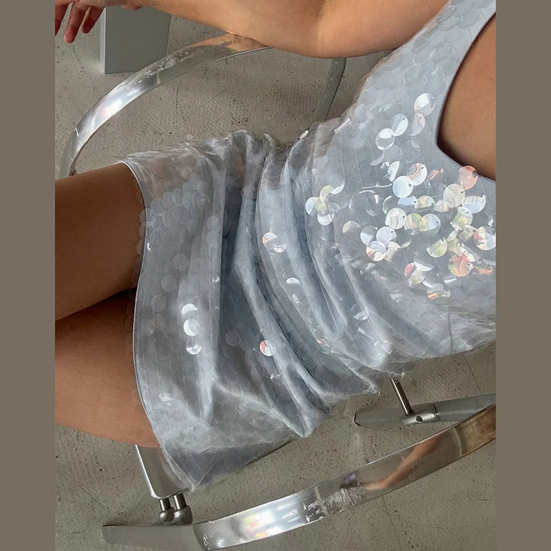 Sexy Lace Sequined Patchwork Women's Dress Sling Hollow Out Waist-Closed Lady Mini Dresses 2026 Summer Autumn Chic Female Robe