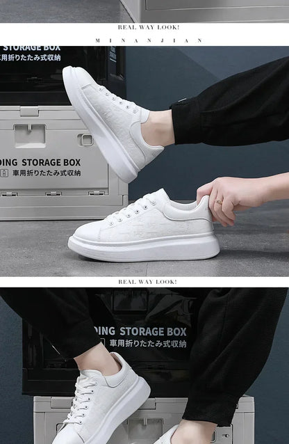 2026 Men's Casual Shoes Spring and Autumn Flat-soled Casual Leather Shoes Sports Shoes Black and White Men's Thick-soled Shoes