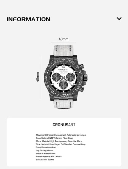 CRONUSART Men Chronograph Watch Pilot 40mm Automatic Mechanical Wristwatch Carbon Fiber Case Luminous Sapphire Mirror