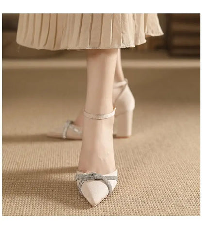 Size 30-44 Chunky Heel Hollow Point Toe High Heels Women Shoes Solid Color Ankle Strap Rhinestone Black Heels