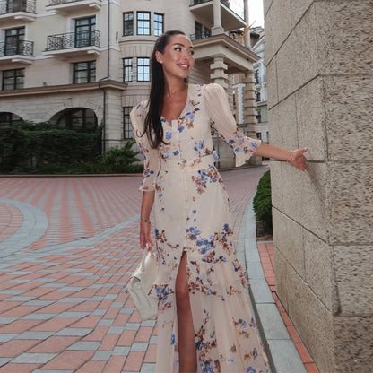 Sexy Print Women Long Dress Urban V-neck Single Breasted Ruffles Half Sleeve Female Dresses 2026 Spring Autumn Lady Robe
