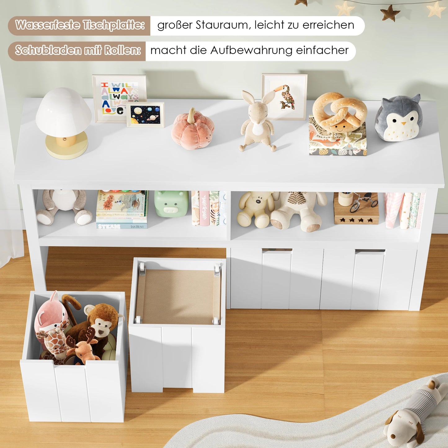 Getone Toy Storage Unit Children's Cabinet with 4 boxing on rolls Kid's room furniture Toys Storage Cabinet 120x33x61.5 cm White