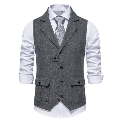 New Men's Retro Lapel Vest Herringbone Coarse Tweed Pockets Suit Vest British Casual Vintage Gentleman Leisure Party Bar Banquet