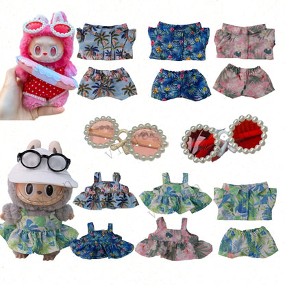 For 15/17cm 3.0 labubu doll cothes Swimsuit Beach skirt beach striped floral shirt shorts For ropa labubu outfit Decorations