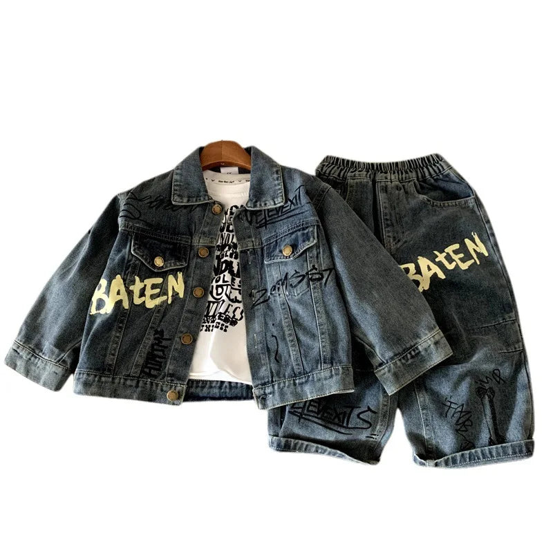 Boys Denim  Set 2025 Autumn Spring Korean Style Kids Clothes Fashion Trendy Letter Print Denim Jacket Jeans Two Piece Set