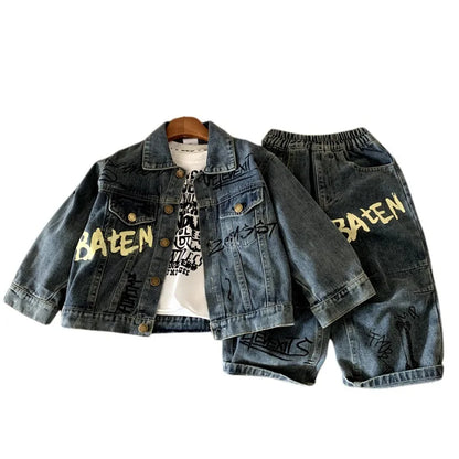 Boys Denim  Set 2025 Autumn Spring Korean Style Kids Clothes Fashion Trendy Letter Print Denim Jacket Jeans Two Piece Set
