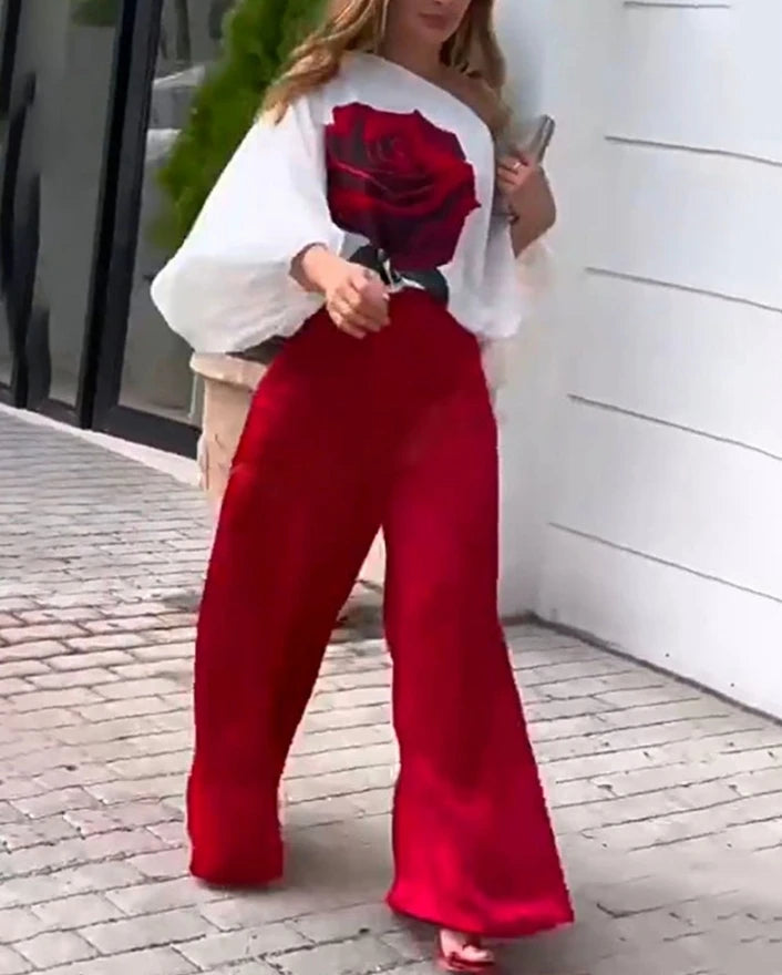 Women Casual Suits 2024 Spring/summer Latest Sketch Neck Rose Print Lantern Sleeves Long Sleeves Top&vacation Wide Leg Pants Set