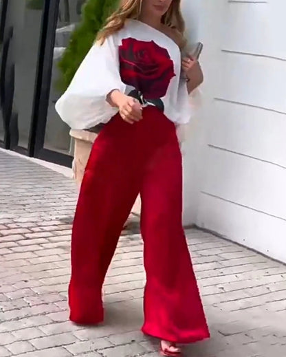 Women Casual Suits 2024 Spring/summer Latest Sketch Neck Rose Print Lantern Sleeves Long Sleeves Top&vacation Wide Leg Pants Set