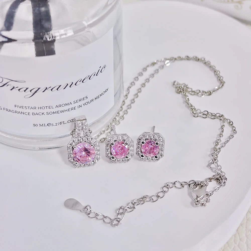 2024 New Trendy Pink Color Earrings and Necklace Pendant Set for Women Anniversary Gift Jewelry Wholesale X1104-E1104
