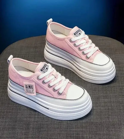 Vulcanized Platform Sneakers Wedge Shoes Non-slip Casual Shoes Women 2025 Autumn Lace-up Comfort Denim Canvas Shoes Thick Sole
