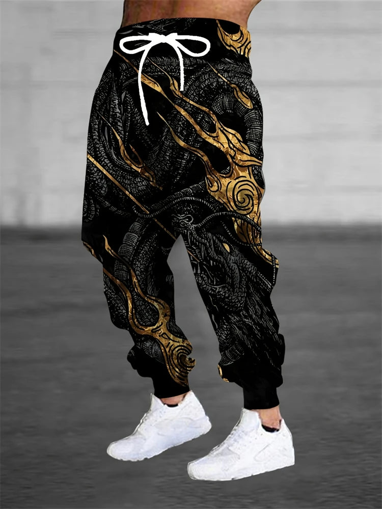 New Men's 3D Dragon Print Jogging Drawstring Pocket Casual Sportswear Pants Fashionable Men's Loose And Elastic Casual Pants